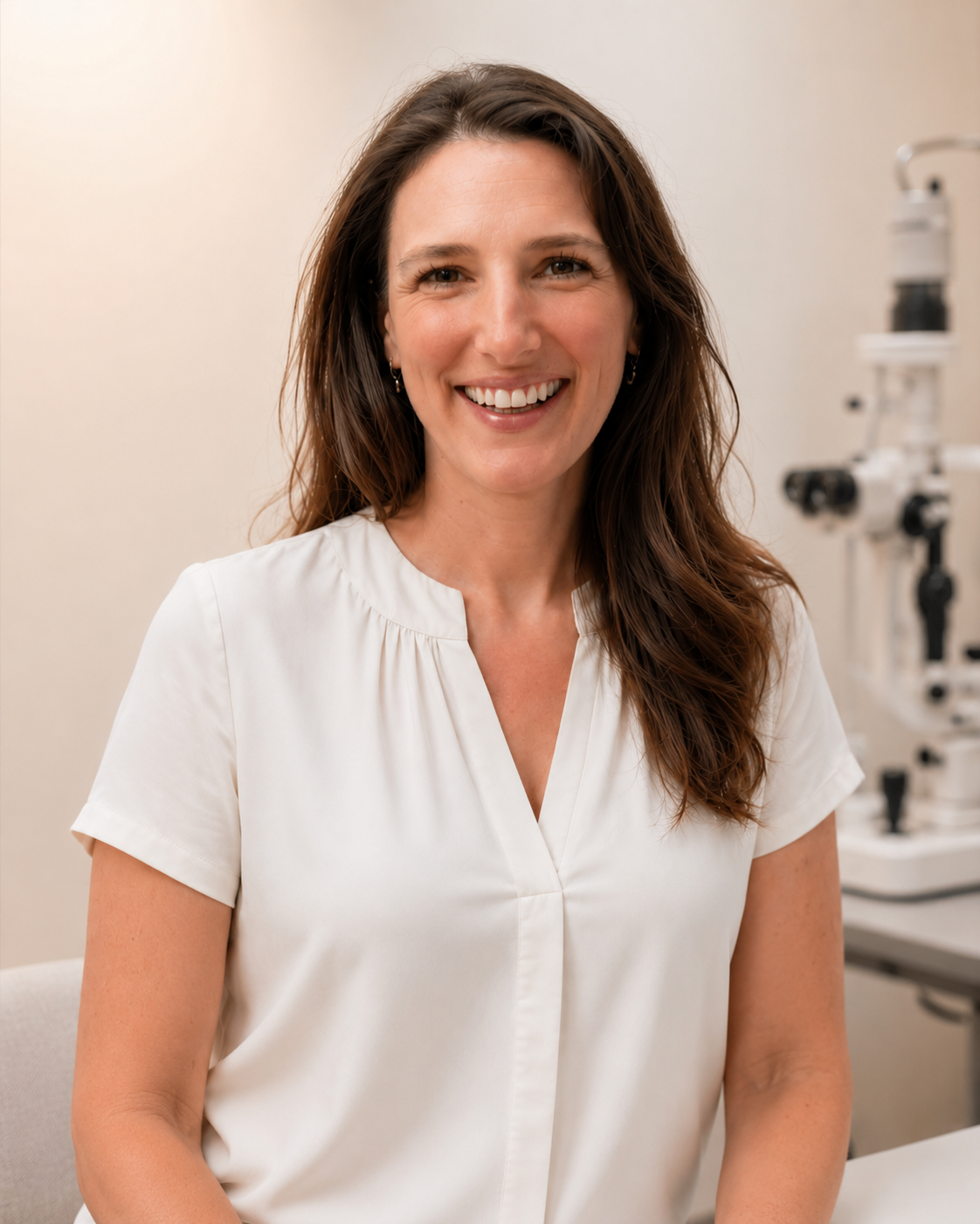 Dr Hannah Timlin, Consultant Ophthalmic and Oculoplastic Surgeon, in her consulting room