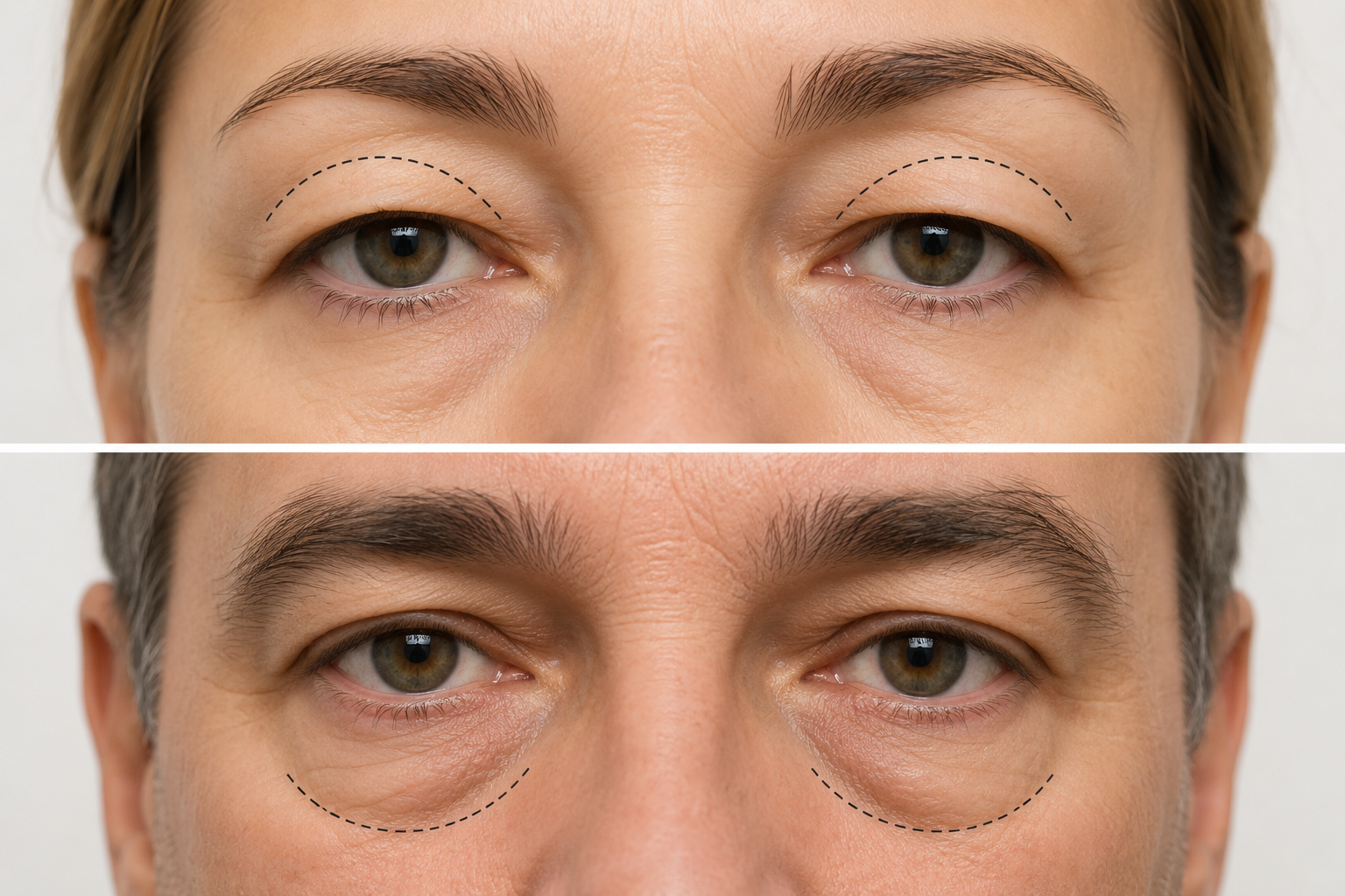 Both upper eyelids showing excess hooding skin, with a dashed line marking the upper eyelid crease area.
