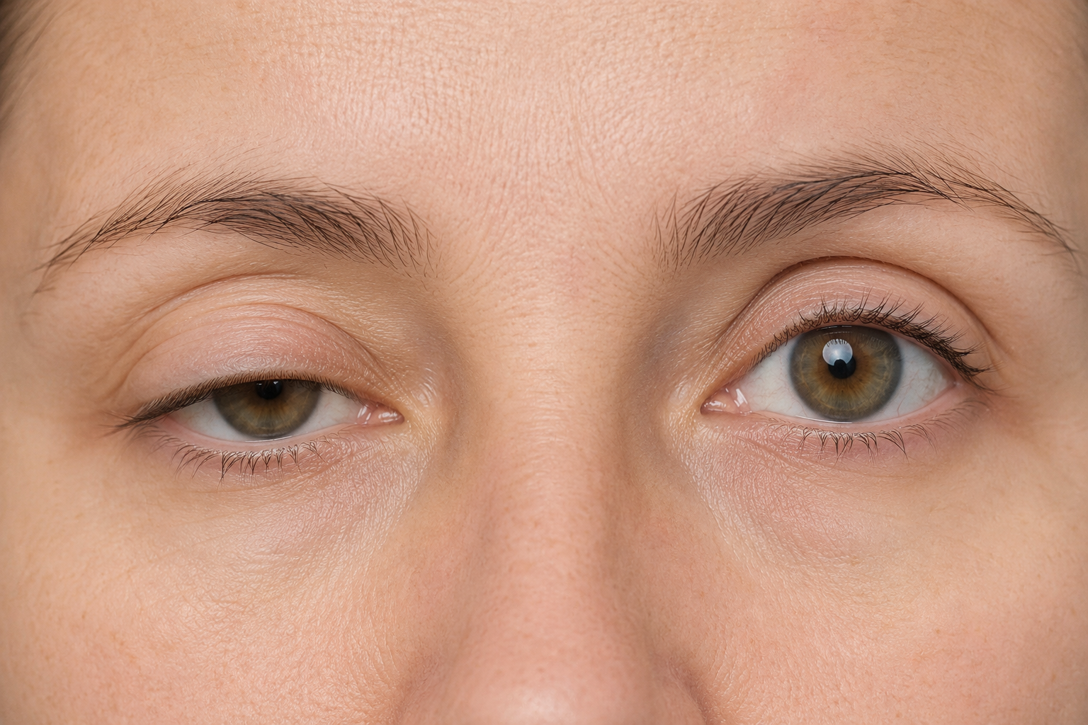 A face showing ptosis: the right upper eyelid droops low and partly covers the eye, while the left upper eyelid sits at a normal height.