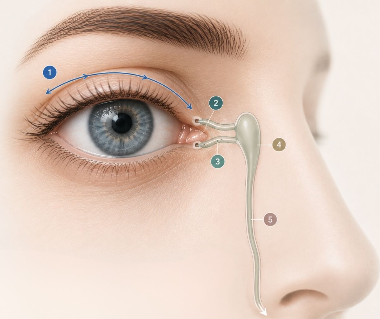 Illustration of the tear drainage pathway: tears spread across the eye, collect at the puncta in the inner corner, pass through the canaliculi into the lacrimal sac, then drain down the nasolacrimal duct into the nose